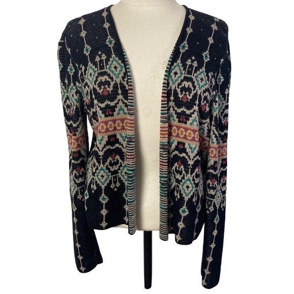 Peruvian Connection Open Front Cardigan Sweater Womens Large Pima Cotton Black - Picture 1 of 7